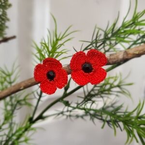 Crocheted Poppy Flower Earrings